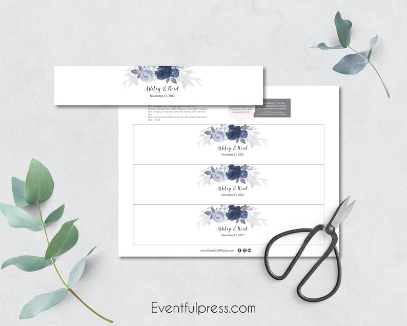 Instant Download ASHLEY Collection Boho Dusty Blue /& Gray Floral Printable Water Bottle Label