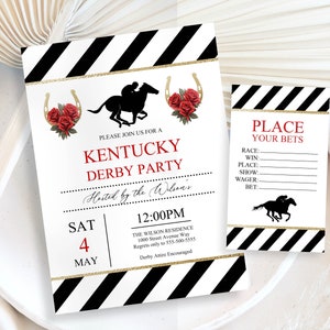 Uitnodiging voor feest Kentucky Derby Horse Race, rode rozen, preppy Derby-dag uitnodigen BONUS-wedkaarten INSTANT DOWNLOAD pdf-bestanden gemakkelijk te bewerken