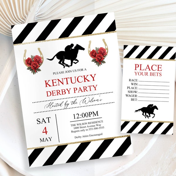 Kentucky Derby Horse Race Party Invitation, Red Roses, Preppy Derby Day Invite BONUS Betting Cards INSTANT DOWNLOAD pdf files easy to edit