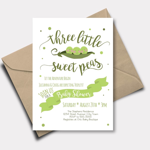 Three Peas in a Pod Baby Shower Invitation | Triplets Baby Shower Invitation | Sweet Peas, Pea Pod  | Boy or Girl | INSTANT DOWNLOAD