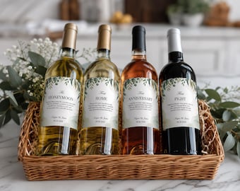 Greenery Wedding Wine Bottle Labels: Marriage Milestone Gift (Printable Set of 24, INSTANT DOWNLOAD)