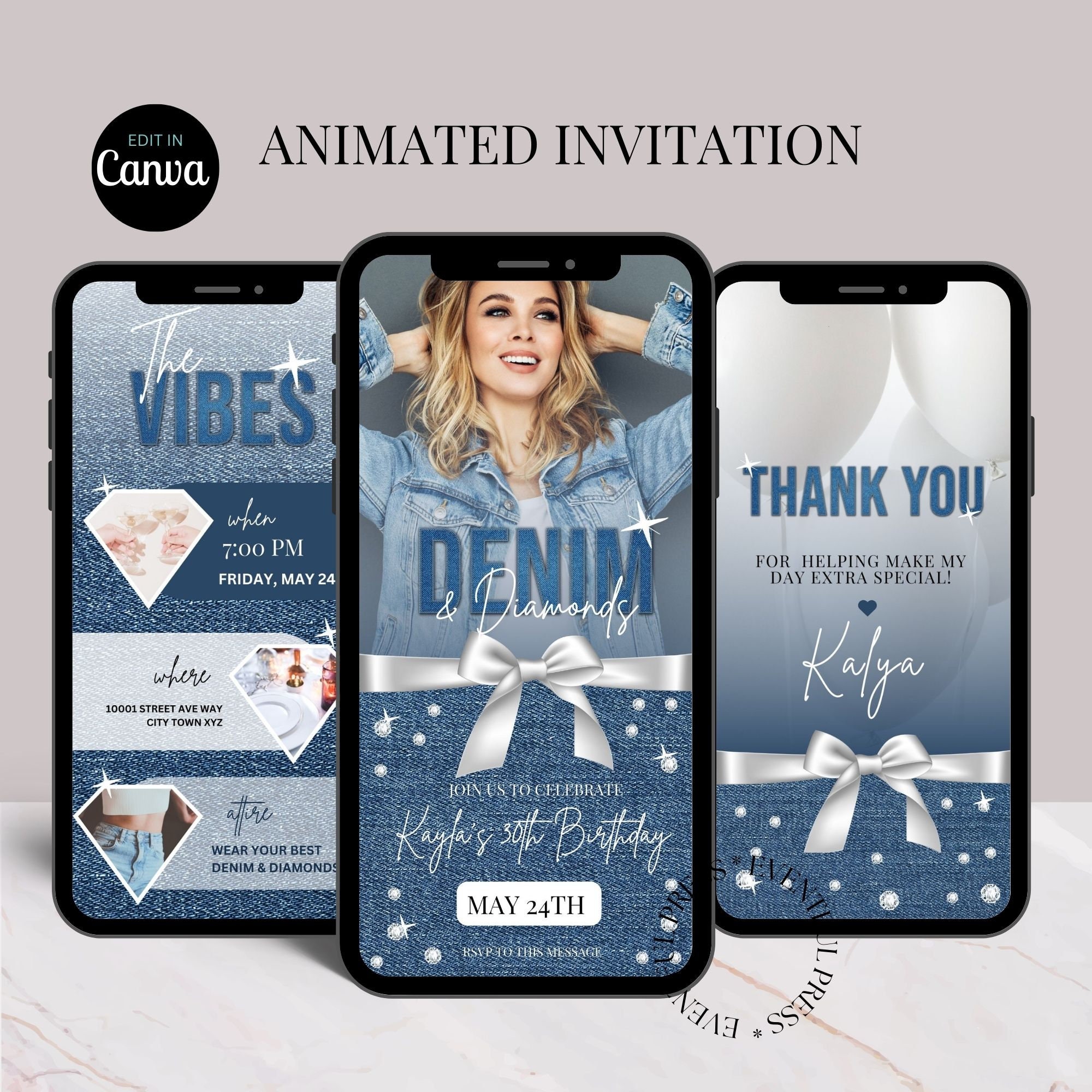 Denim Diamonds Invitation Animated Text Invite Glamour Blue Jeans Birthday or Any Occasion Editable Evite CANVA Template
