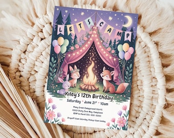 Invitación de cumpleaños para chicas de camping, folleto para fiesta de pijamas, campamento glamping femenino, plantilla de descarga instantánea