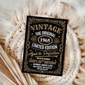 60th Birthday Invitation: Vintage Whiskey Label Party (Instant Download, Editable Canva Template)