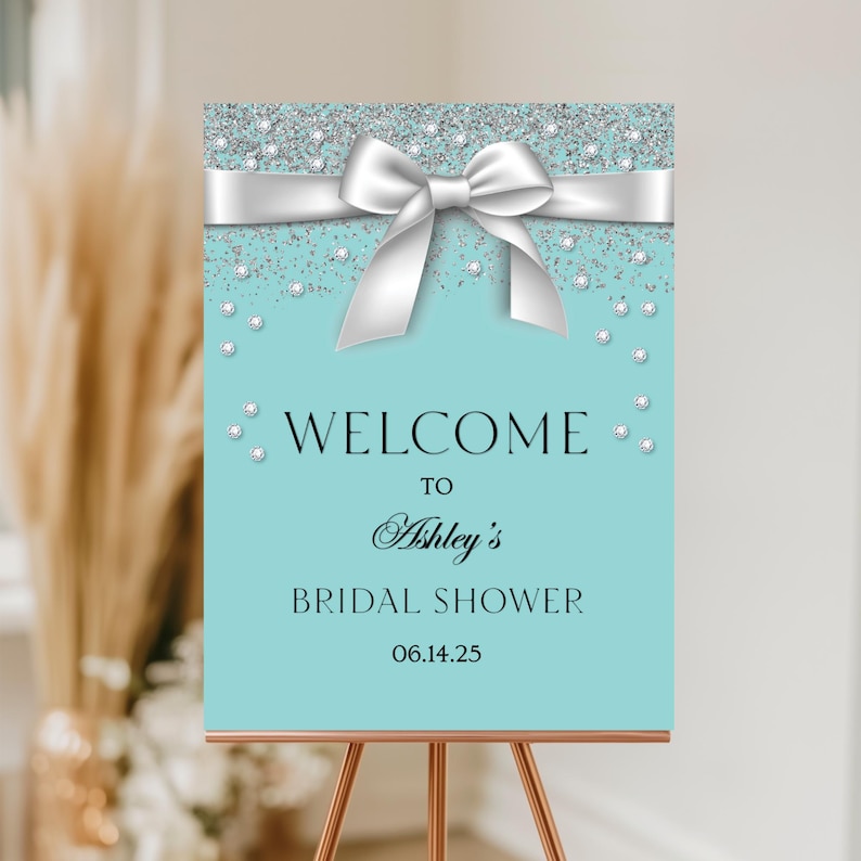 Bride & Co. Bridal Shower Welcome Sign: Aqua Blue Bow (Canva Template, Digital Download image 1