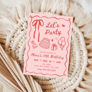 Peut inclure: Une invitation rose pour une f&ecirc;te d'anniversaire avec des illustrations et du texte rouges. L'invitation indique "Let's Party" et comprend un g&acirc;teau, des ballons et un cadeau. Elle indique &eacute;galement "Olivia's 14th Birthday" avec la date, l'heure et le lieu.