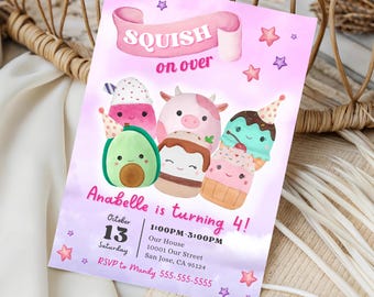 Squishy Kawaii Birthday Invitation Squish On Over Squishy Party Digital Invite (INSTANT DOWNLOAD) Canva Template