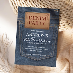 Denim Party Invitation, Casual Blue Jeans Birthday or Any Occasion INSTANT DOWNLOAD easy to edit Template