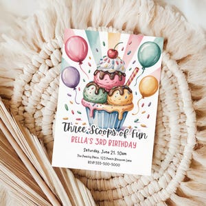 Invitation d'anniversaire de crème glacée, 3e anniversaire ou tout âge, fête de la crème glacée d'été, modèle de téléchargement instantané d'invitation numérique modifiable