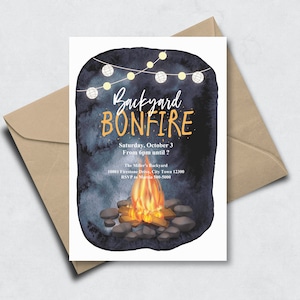 Bonfire Party Invitation Backyard Fireside Chat Invite Lanterns Edison Lights Smore&#39;s Instant Download EditableTemplate