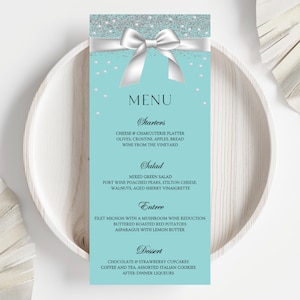Aqua Bow Wedding Menu Printable: Bride & Co. Design (Canva Template, Instant Download)