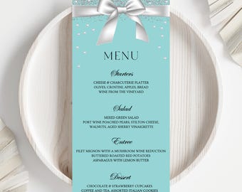 Aqua Bow Wedding Menu Printable: Bride & Co. Design (Canva Template, Instant Download)