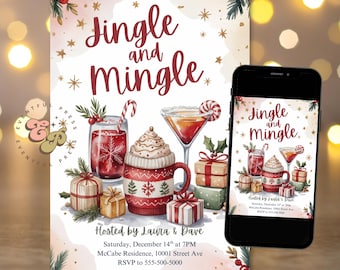 May include: A festive invitation with the words "Jingle and Mingle" in red script, featuring illustrations of holiday drinks, gifts, and a mug. A smartphone displays the same design. The invitation includes event details.