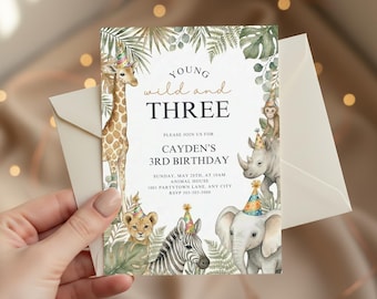 Young Wild and Three Birthday Invitation, Editable Safari Animals 3rd Birthday Digital Invite INSTANT DOWNLOAD Canva Template