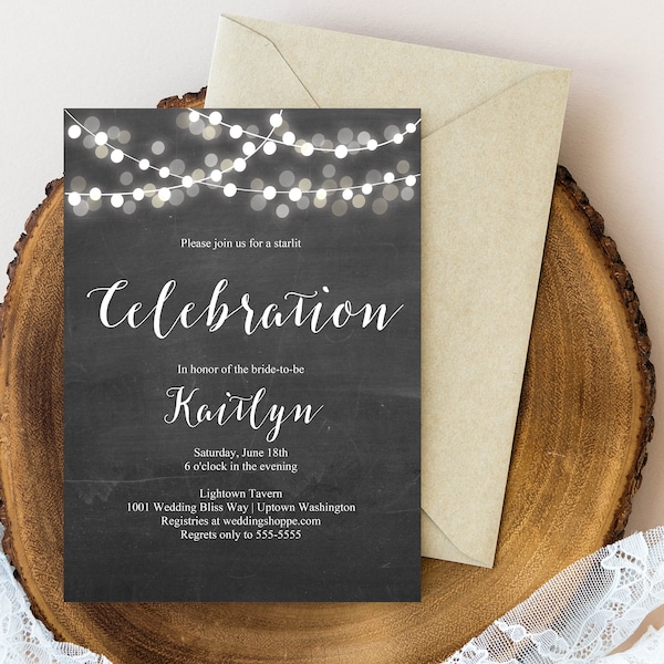 Chalkboard String Lights Invitation, Outdoor party, Stars, Twinkle, Lanterns, Bridal Shower, Birthday Party, Graduation | INSTANT DOWNLOAD