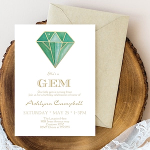 Emerald Gemstone Birthday Invitation: Green & Gold (Editable Text PDF)