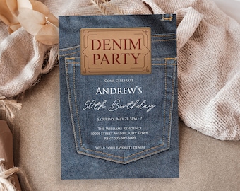 Denim Party Invitation, Casual Blue Jeans Birthday or Any Occasion INSTANT DOWNLOAD easy to edit PDF Template