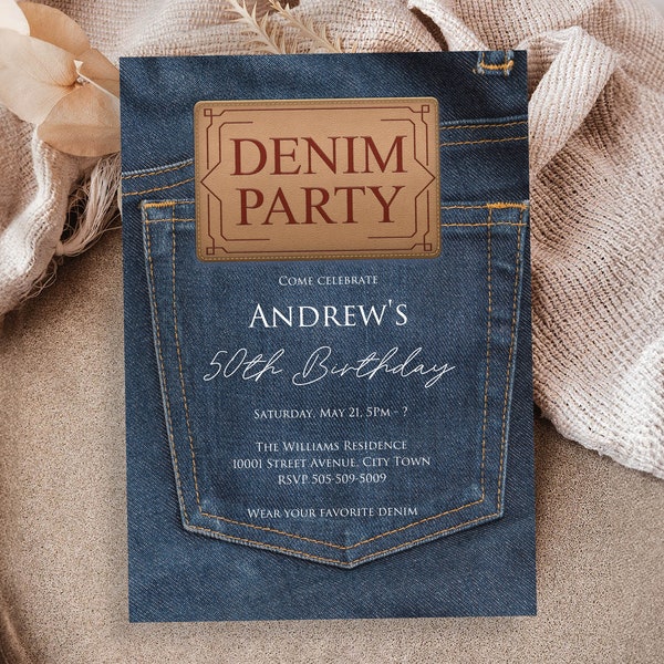 Denim Party Invitation, Casual Blue Jeans Birthday or Any Occasion INSTANT DOWNLOAD easy to edit PDF Template