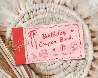 Carnet de coupons anniversaire Coquette rose : bons-cadeaux modifiables (téléchargement numérique)