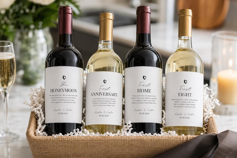 May include: Four wine bottles in a woven basket, each with a white label featuring a small heart icon and custom text. The labels read The Honeymoon, First Anniversary, First Home, and First Fight, with the names Kaylee & Justin and date 09.28.2024.