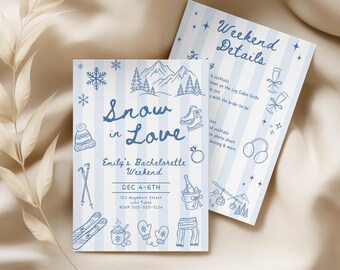 Snow in Love Bachelorette Invitation, Winter Ski Trip Bach Weekend Itinerary Invite INSTANT DOWNLOAD Canva Template