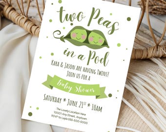 Two Peas in a Pod Twins Baby Shower Invitation (Instant Download) Canva Template