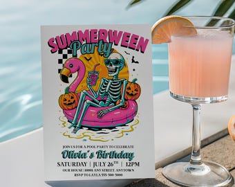 Summerween Party Invitation: Spooky Summer Pool Party (Canva Template, Digital Download)