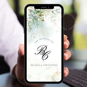May include: A digital wedding invitation with a green and gold watercolor background. The invitation features a monogram of the letters "B" and "C" in a circle with the text "The Wedding of Brianna & Christopher".