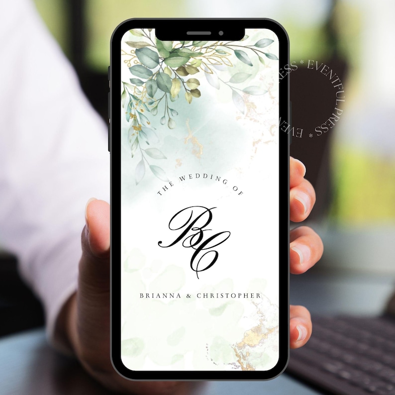 May include: A digital wedding invitation with a green and gold watercolor background. The invitation features a monogram of the letters "B" and "C" in a circle with the text "The Wedding of Brianna & Christopher".