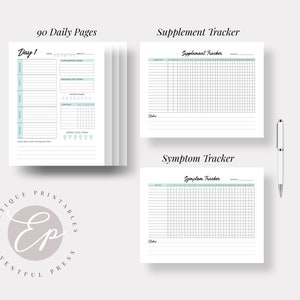 May include: A printable planner set with 90 daily pages, a supplement tracker, and a symptom tracker. The pages are white with a light blue header and grid lines. The title "Boutique Printables Eventful Press" is in a circle with a light pink background.