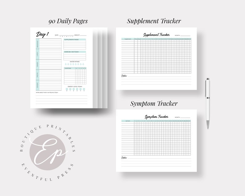 May include: A printable planner set with 90 daily pages, a supplement tracker, and a symptom tracker. The pages are white with a light blue header and grid lines. The title "Boutique Printables Eventful Press" is in a circle with a light pink background.