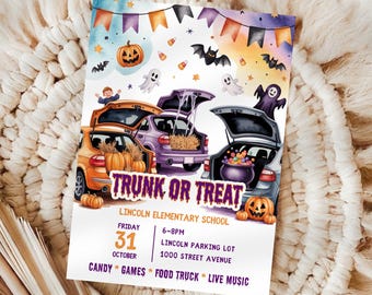 May include: A Halloween-themed flyer with the words "TRUNK OR TREAT" in large, bold letters. The flyer features illustrations of cars with open trunks, pumpkins, ghosts, and bats. The flyer also includes event details: Friday, October 31, 6-8PM, Lincoln Elementary School.