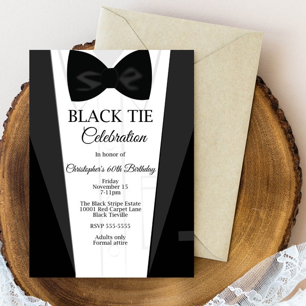 Black Bow Tie Invitation | Black & White | Gala, Formal Celebration, Red Carpet, Anniversary | Instant Download TEMPLATE Easy to Edit PDF