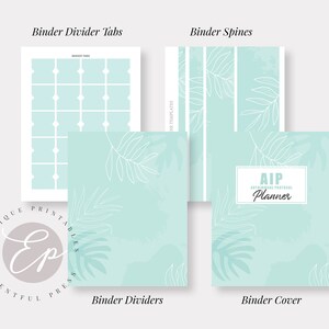 May include: A set of printable planner dividers with a tropical leaf design. The dividers are in a light blue color with white leaf outlines. The set includes a cover, spine, and tabs.