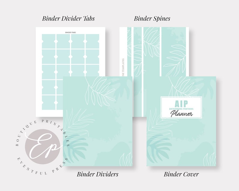 May include: A set of printable planner dividers with a tropical leaf design. The dividers are in a light blue color with white leaf outlines. The set includes a cover, spine, and tabs.