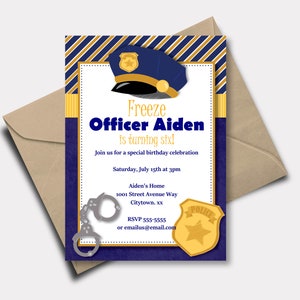 Afdrukbare verjaardagsuitnodiging politie, politieagent, bevriezen, handboeien, politiehoed, politiebadge, wetshandhaver, pdf-bestand direct downloaden