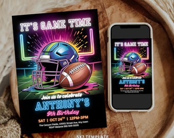May include: A black invitation with a football theme. The invitation features a football helmet and football with the text "IT'S GAME TIME" and "ANTHONY'S 9th Birthday". A smartphone displays the same design. The invitation is a 5x7 template.