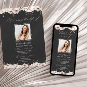 Floral Funeral Invitation and Digital Evite, Dark Floral, Electronic Memorial Service Invite, Celebration of Life, Editable CANVA Template