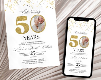 Goldene 50-jährige Jubiläumsfotoeinladung: Bearbeitbare Canva-Vorlage (Digitaler Download)