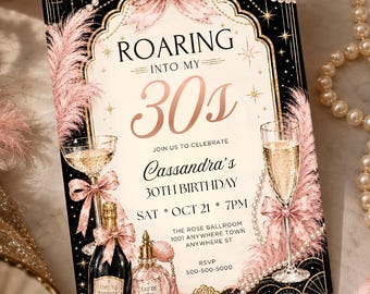 Great Gatsby Theme Invitation: Roaring 30s Birthday Party Digital Invite, Any Age Editable Canva Template