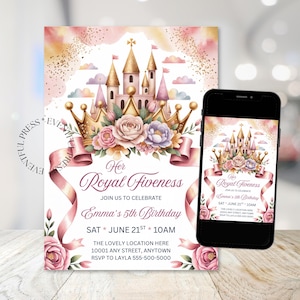 Son Invitation Royal Fiveness, 5e anniversaire princesse fête conte de fées château couronne royauté numérique inviter modèle TÉLÉCHARGEMENT IMMÉDIAT