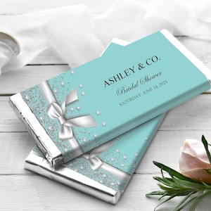 Bridal Shower Chocolate Bar Wrappers: Aqua Blue Bow (Canva Template - Digital Download