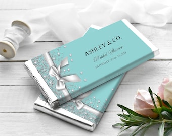 Wrappers chocoladereep bruidsdouche: aquablauwe strik (canvasjabloon - digitale download