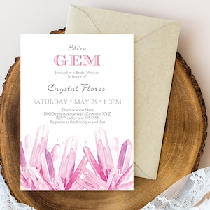 Boho Crystal Invitation She&#39;s a Gem Invite Pink Crystals Birthday or Shower Gem Party Witchy Spa Invite Instant Download Editable Text PDF