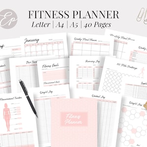 May include: A fitness planner with a pink cover and various interior pages, including workout logs, measurement trackers, and goal sheets. The planner is designed for tracking fitness progress and includes the text "FITNESS PLANNER Letter A4 A5 40 Pages."