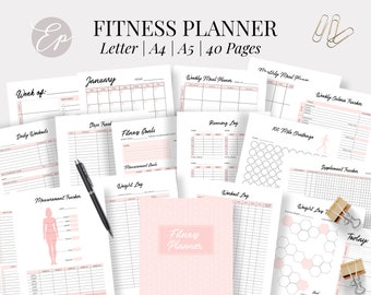 Utskrivbart MEGA Fitness Planner-paket: Tränings-, måltids- och vanespårare (PDF-nedladdning)