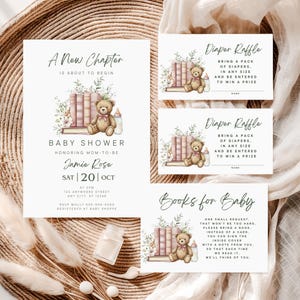 Pink Floral Book Baby Shower Invitation Set: A New Chapter Begins, Teddy Bear (Digital Download, Editable Canva Templates)