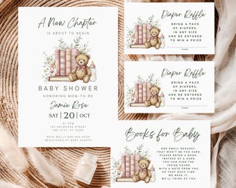 Pink Floral Book Baby Shower Invitation Set: A New Chapter Begins, Teddy Bear (Digital Download, Editable Canva Templates)