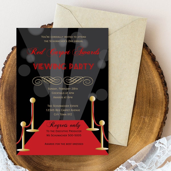 Red Carpet Awards Viewing Invitation | Red Carpet Party, Hollywood Party, And the Award Goes to |  Instant Download | Editable Text PDF