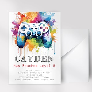 Video Game Birthday Invitation: Retro Arcade, Neon Rainbow (PDF Editable Template)